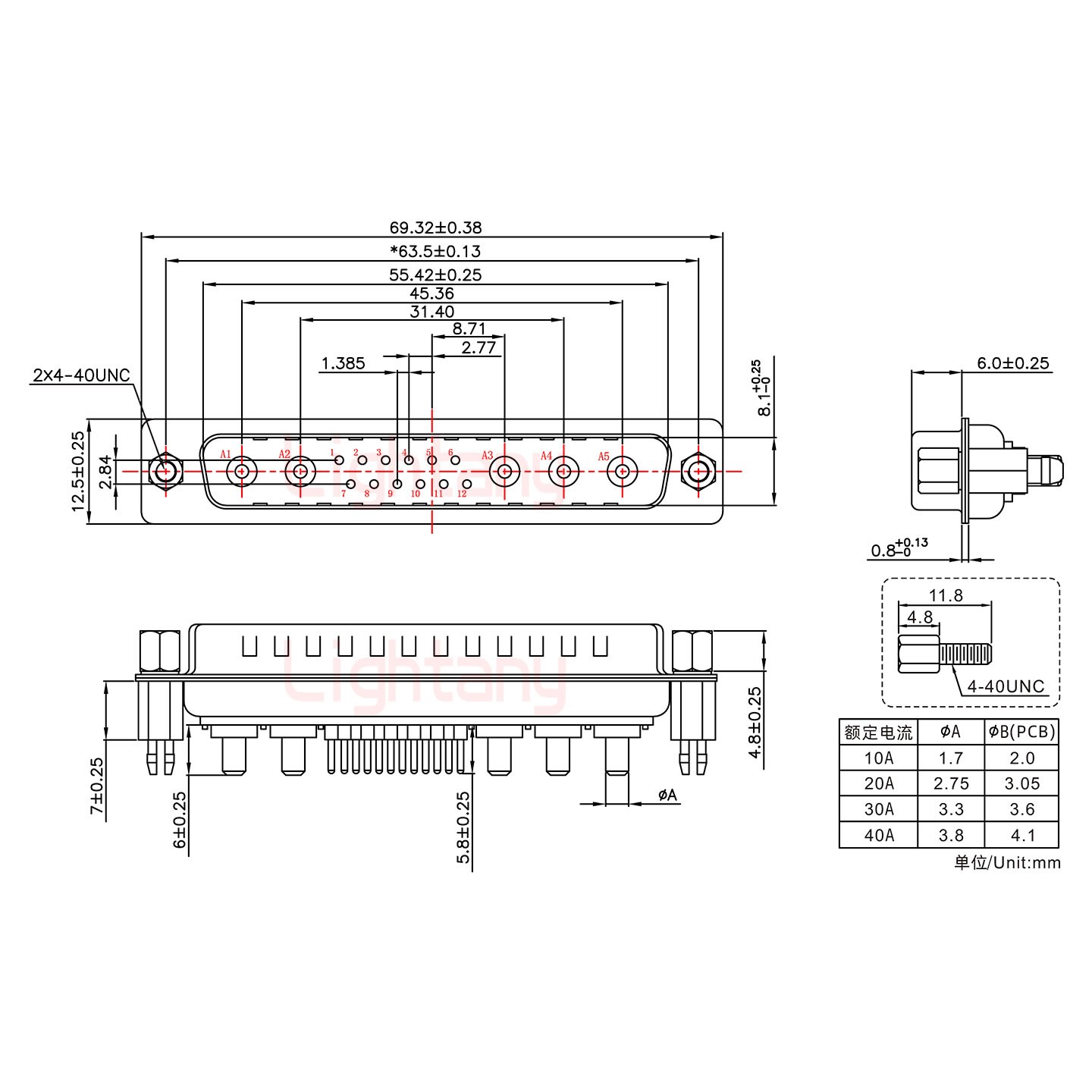 17W5公PCB直插板/鉚魚(yú)叉7.0/大電流10A