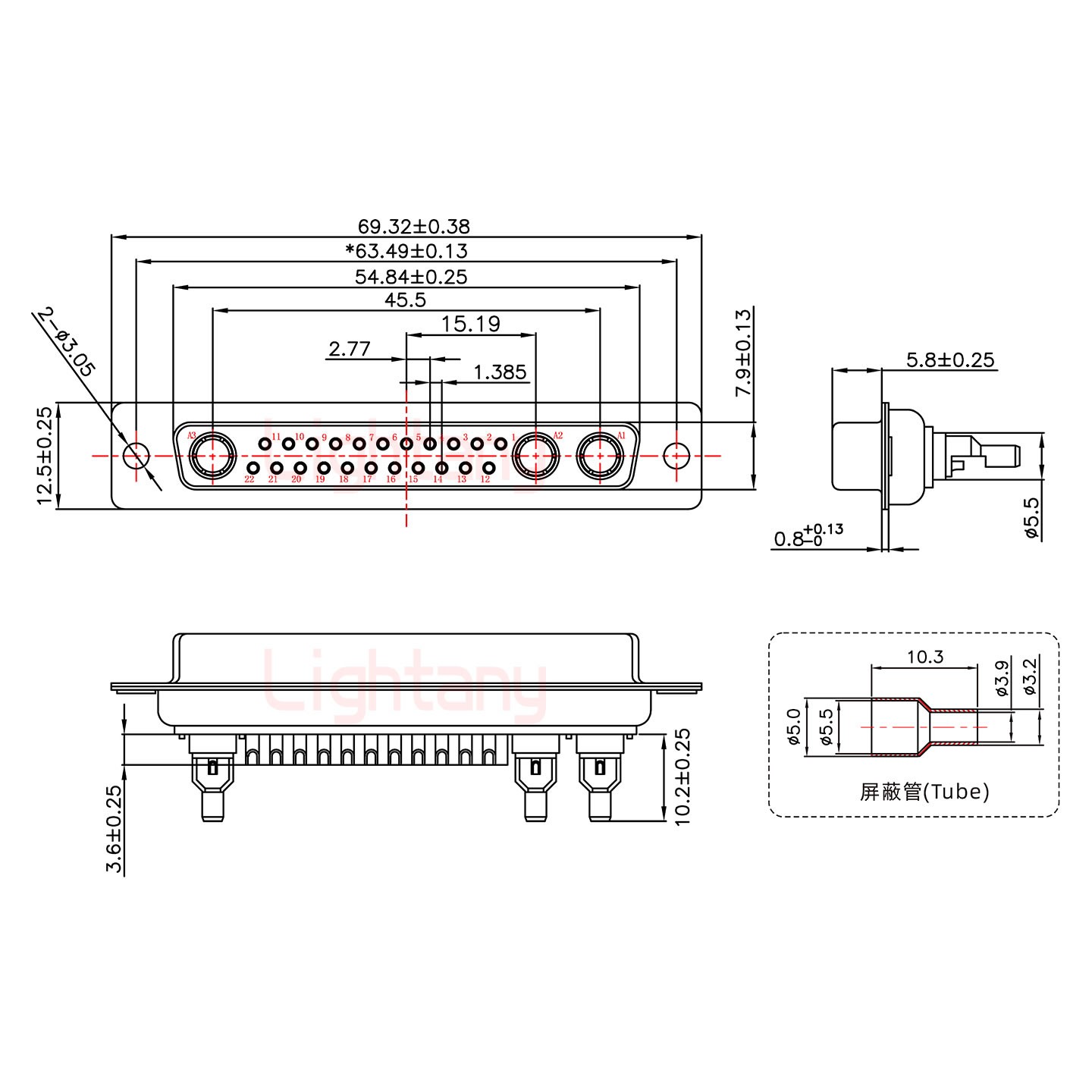 25W3母焊線式50歐姆+37P金屬外殼2185直出線4~12mm