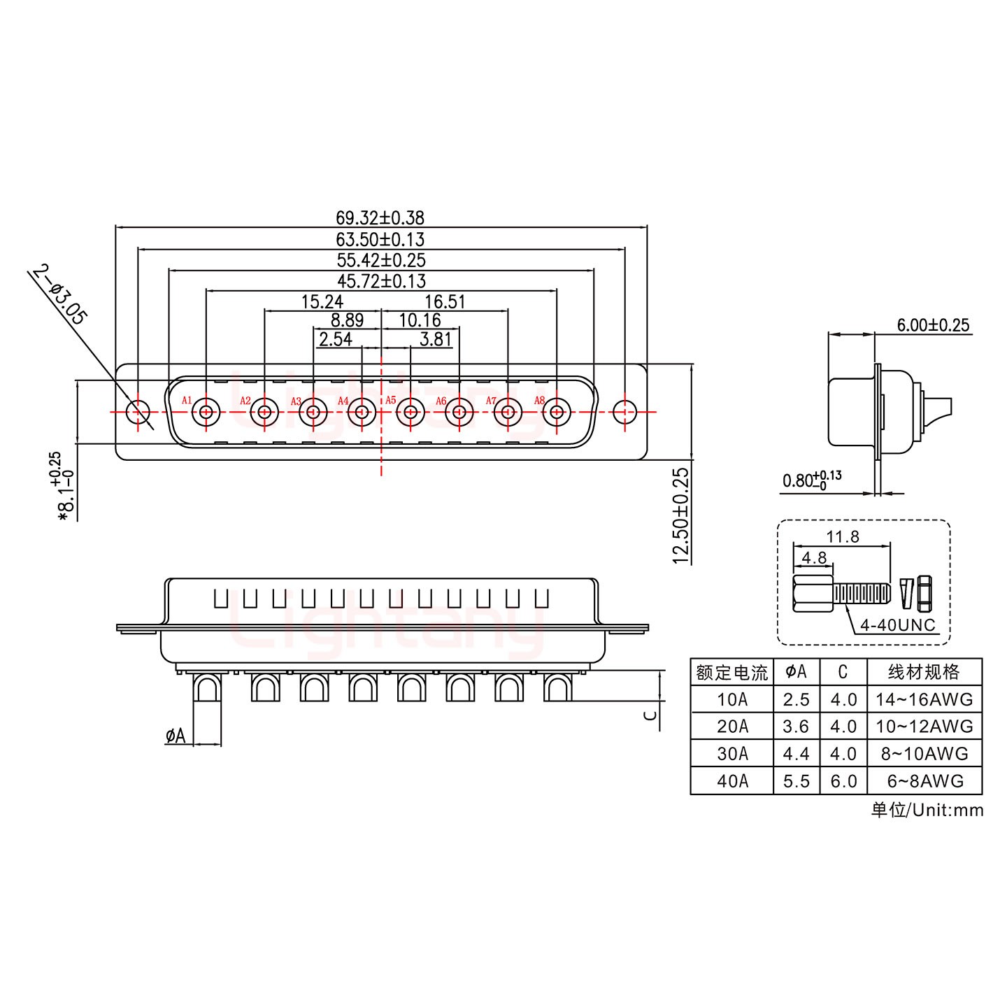 8W8公短體焊線(xiàn)/配螺絲螺母/大電流30A