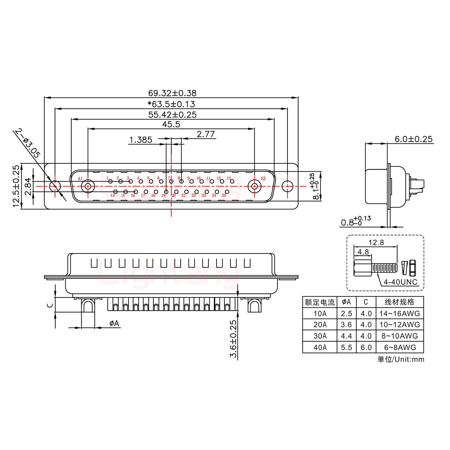 27W2公短體焊線/配螺絲螺母/大電流40A