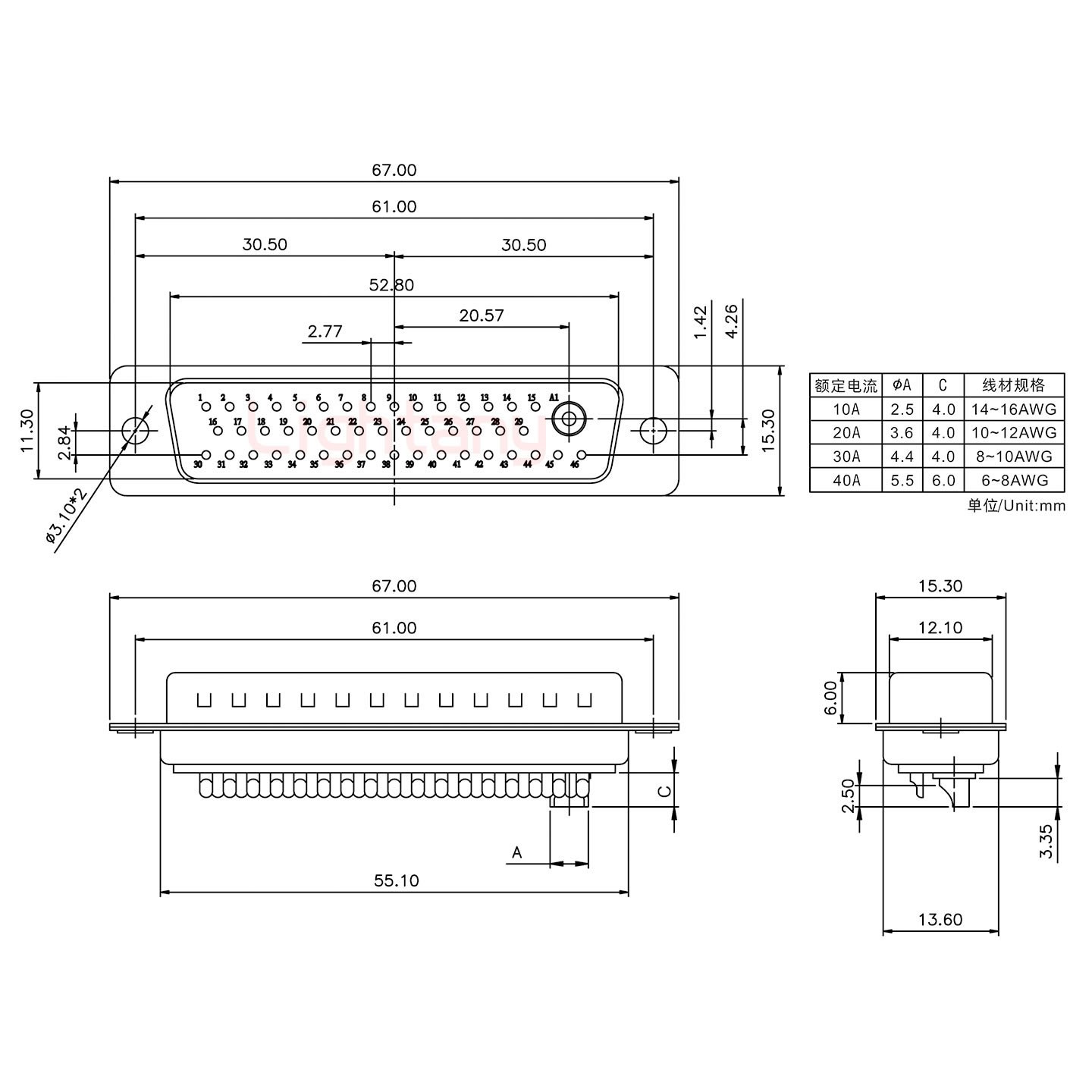 47W1公短體焊線(xiàn)40A+50P金屬外殼1746斜出線(xiàn)4~12mm
