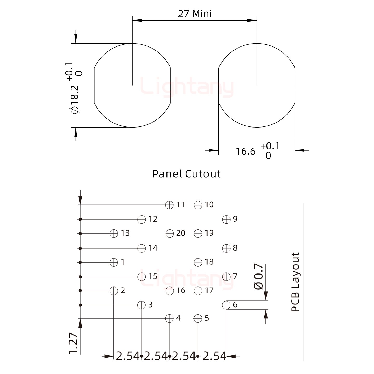 ECG.3B.020.CLV雙螺母插座 PCB彎插板