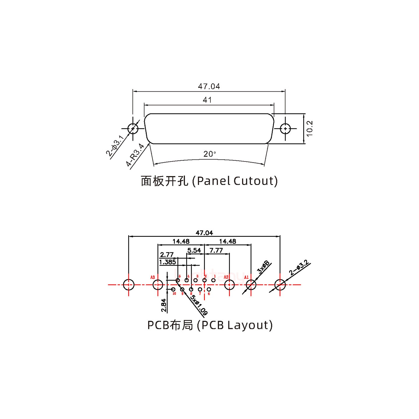 13W3母PCB直插板/鉚魚叉7.0/大電流10A